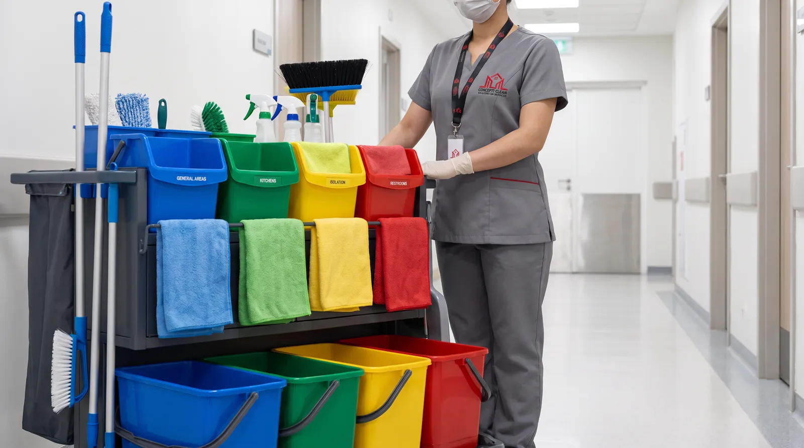 Por que a limpeza hospitalar separa panos e baldes por cor