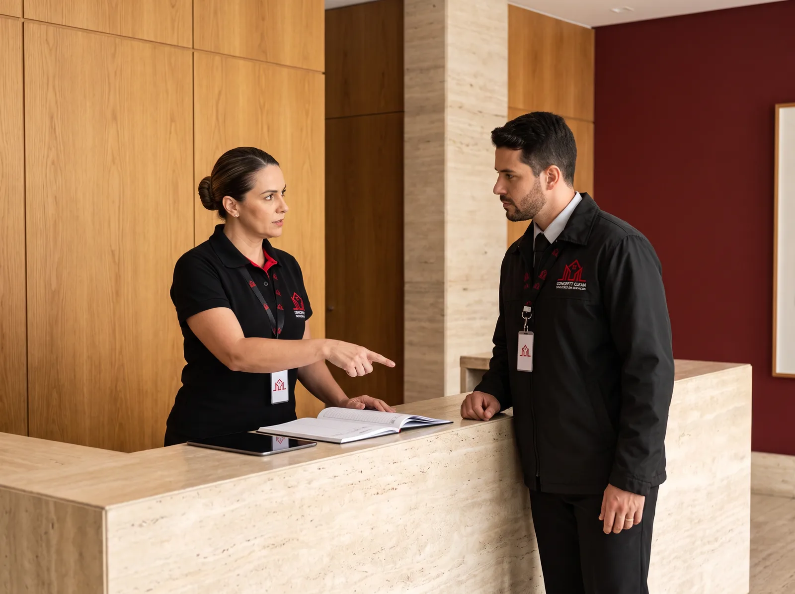 Supervisora da Conceptt passando o posto da portaria para o porteiro que assume o turno
