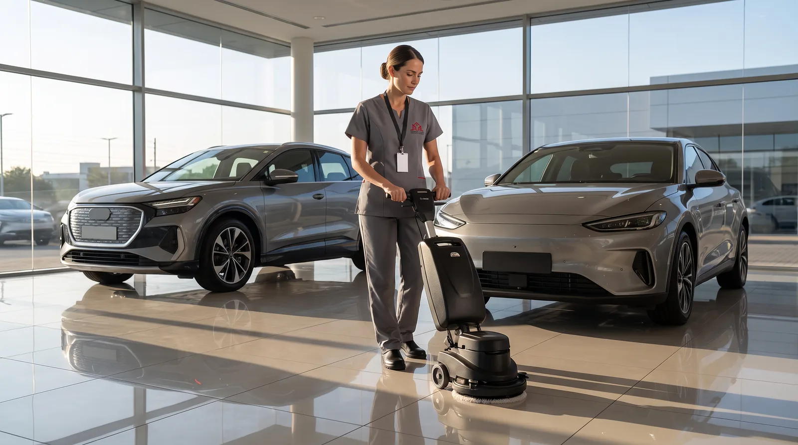 Profissional da Conceptt limpando o piso de um showroom de concessionária