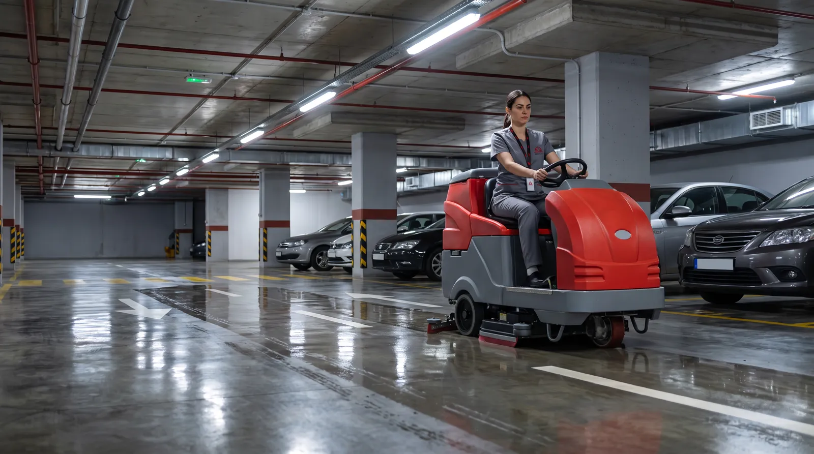 Lavadora de piso na garagem do prédio