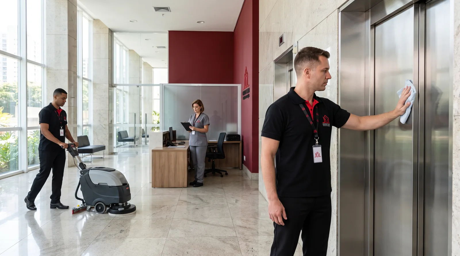 Equipe da Conceptt cuidando do hall e dos elevadores de um prédio comercial