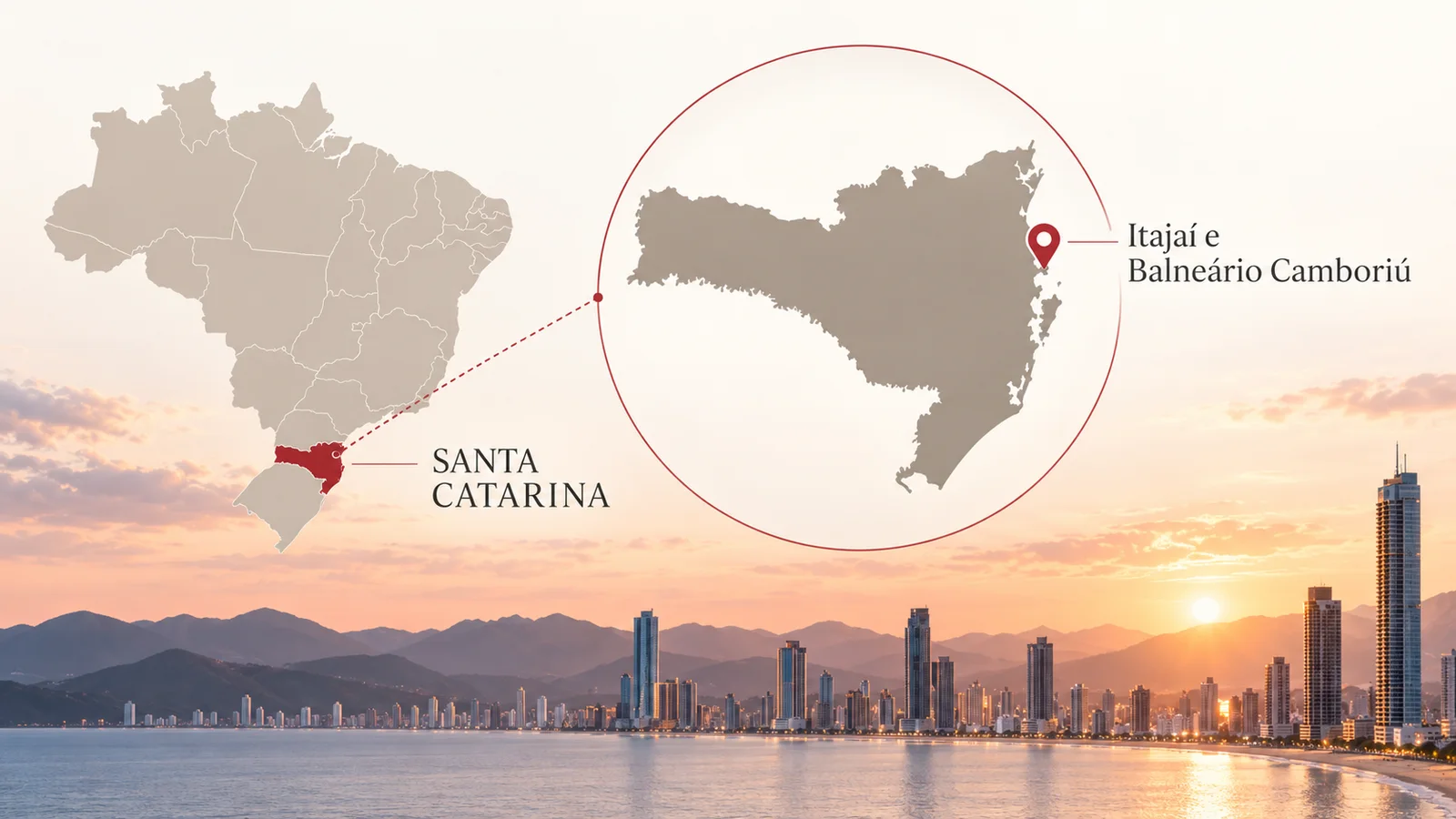 Mapa de Santa Catarina com Itajaí e Balneário Camboriú em destaque