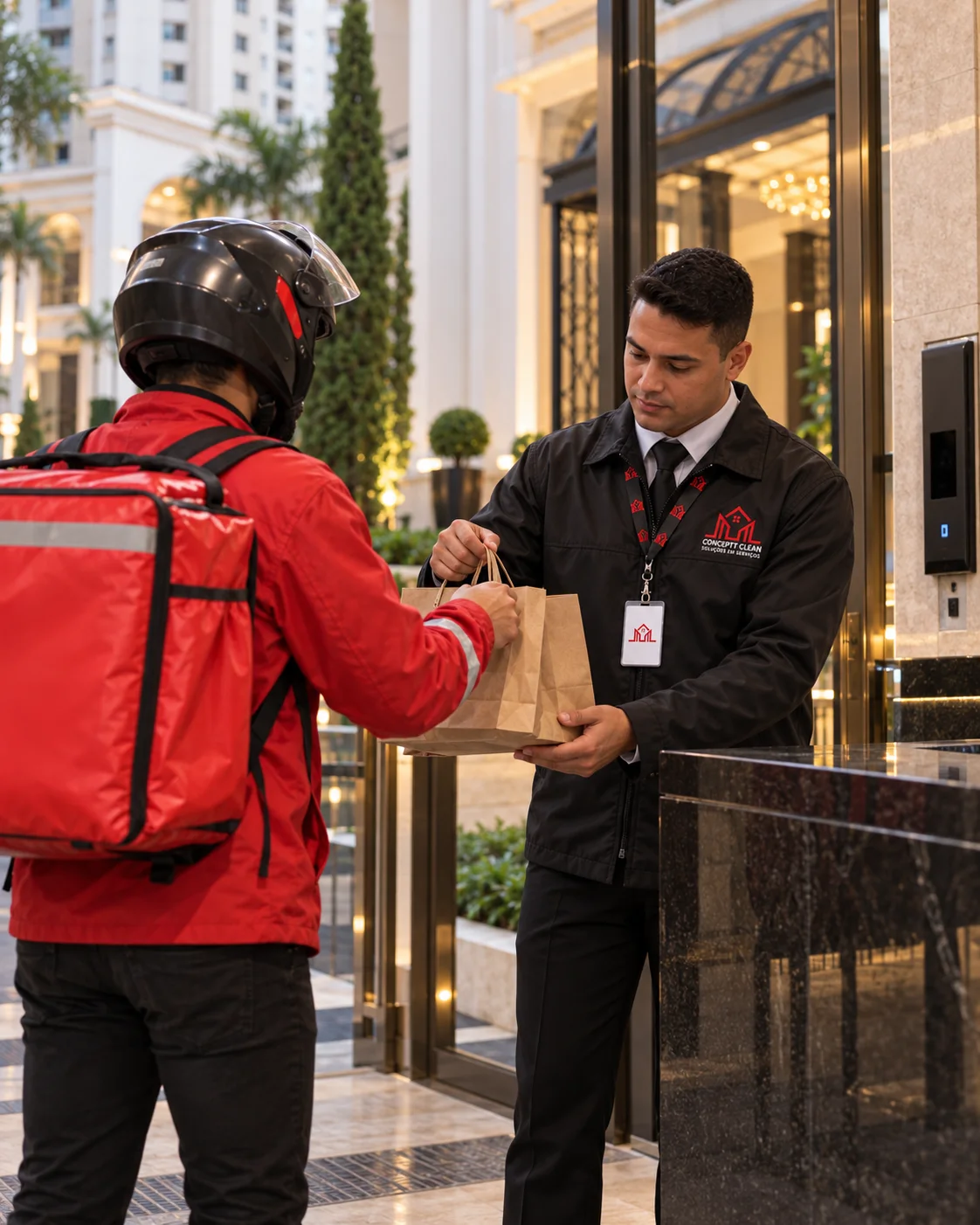 Porteiro da Conceptt recebendo uma entrega de delivery para o morador