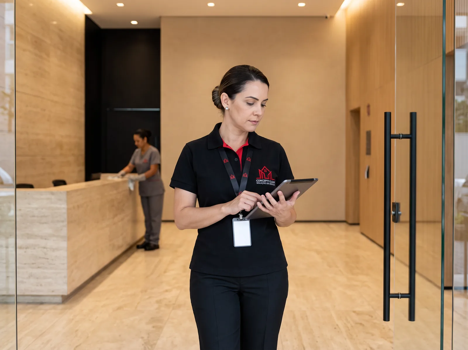 Supervisora da Conceptt conferindo checklist no hall de um condomínio
