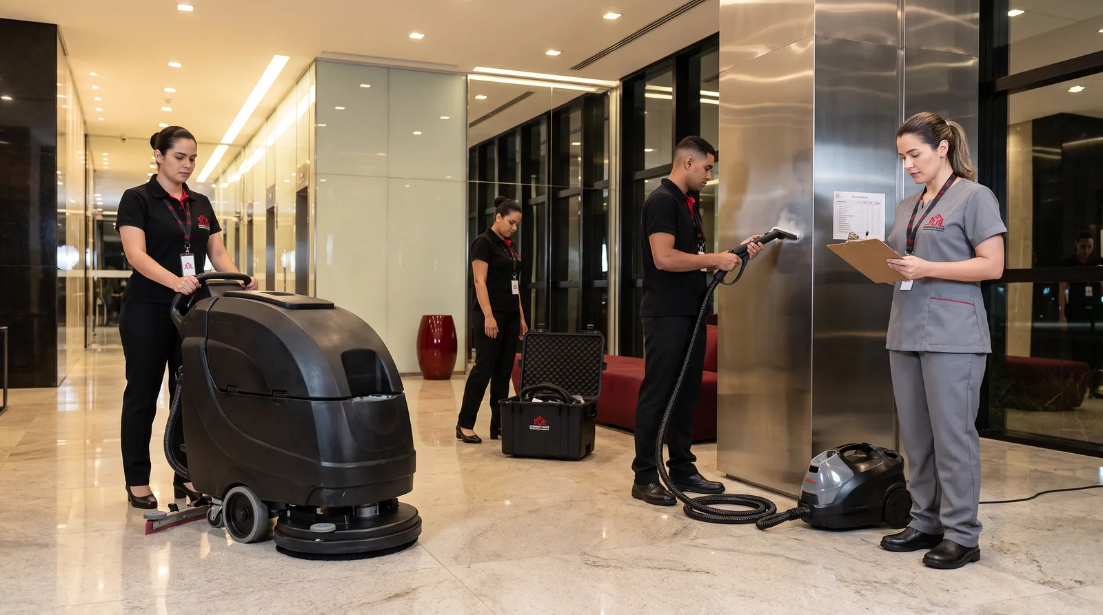 Equipe de limpeza técnica da Conceptt trabalhando com lavadora de piso e vapor