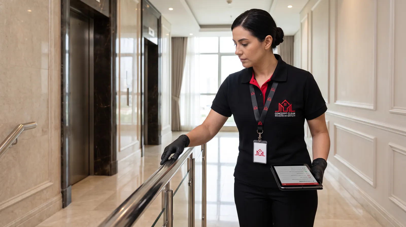 Supervisor inspecionando as áreas comuns com checklist no tablet